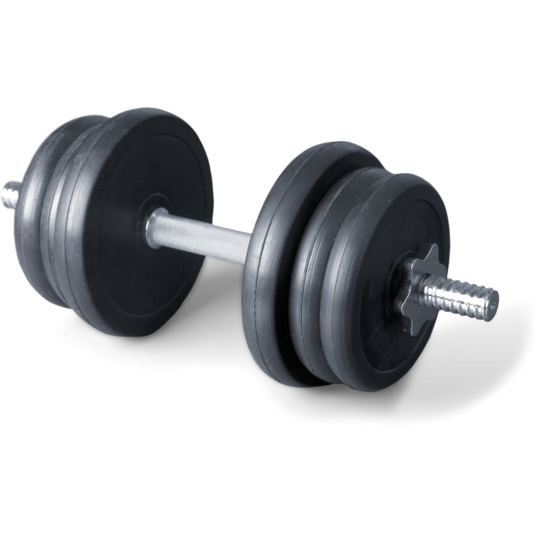 Adjustable dumbbell with black rubber weight plates and a silver metal bar, shown on a clean white background.