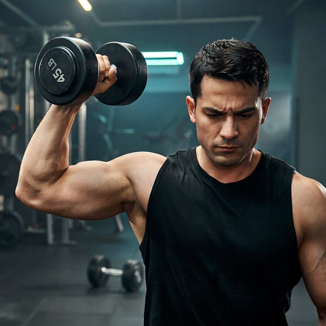 A muscular man in a black tank top lifts a 45 lb dumbbell in a gym setting.